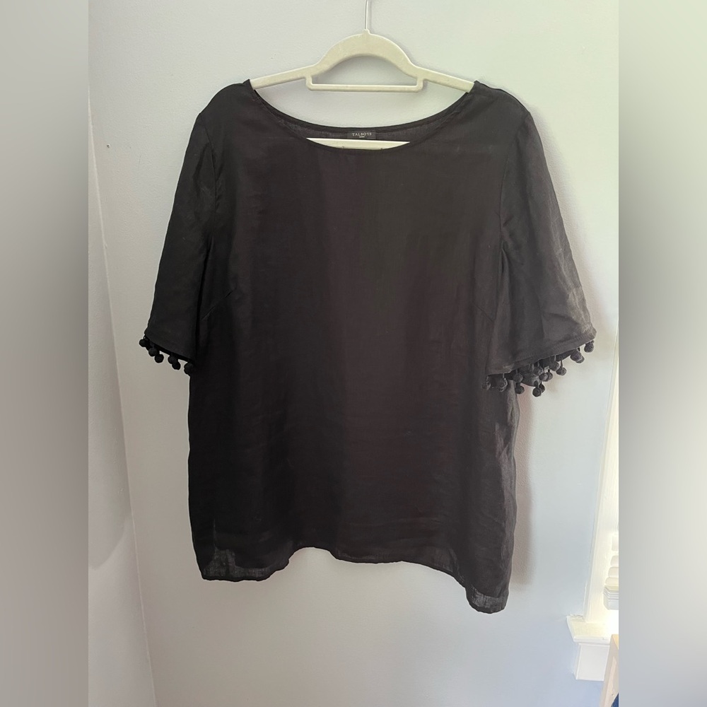 Talbots Chic Black Blouse‎ short sleeves with Pom-Pom, crew neck